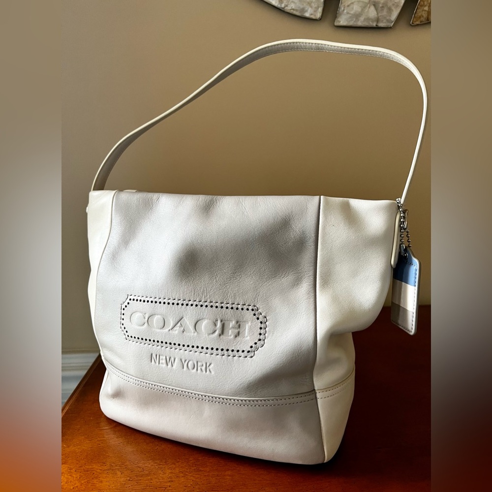 Coach, Hobo-Embossed “New York” Logo-Beige/Taupe Color-block Shoulder Bag.